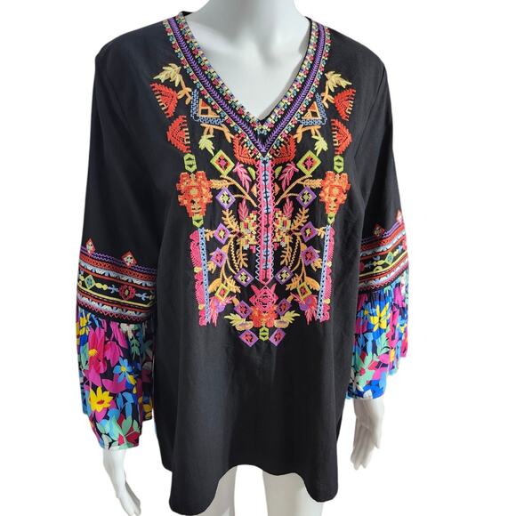 Calessa Womens Black Embroidered Bell Sleeve V-Neck‎ Peasant Tunic Top Size L - Picture 6 of 11